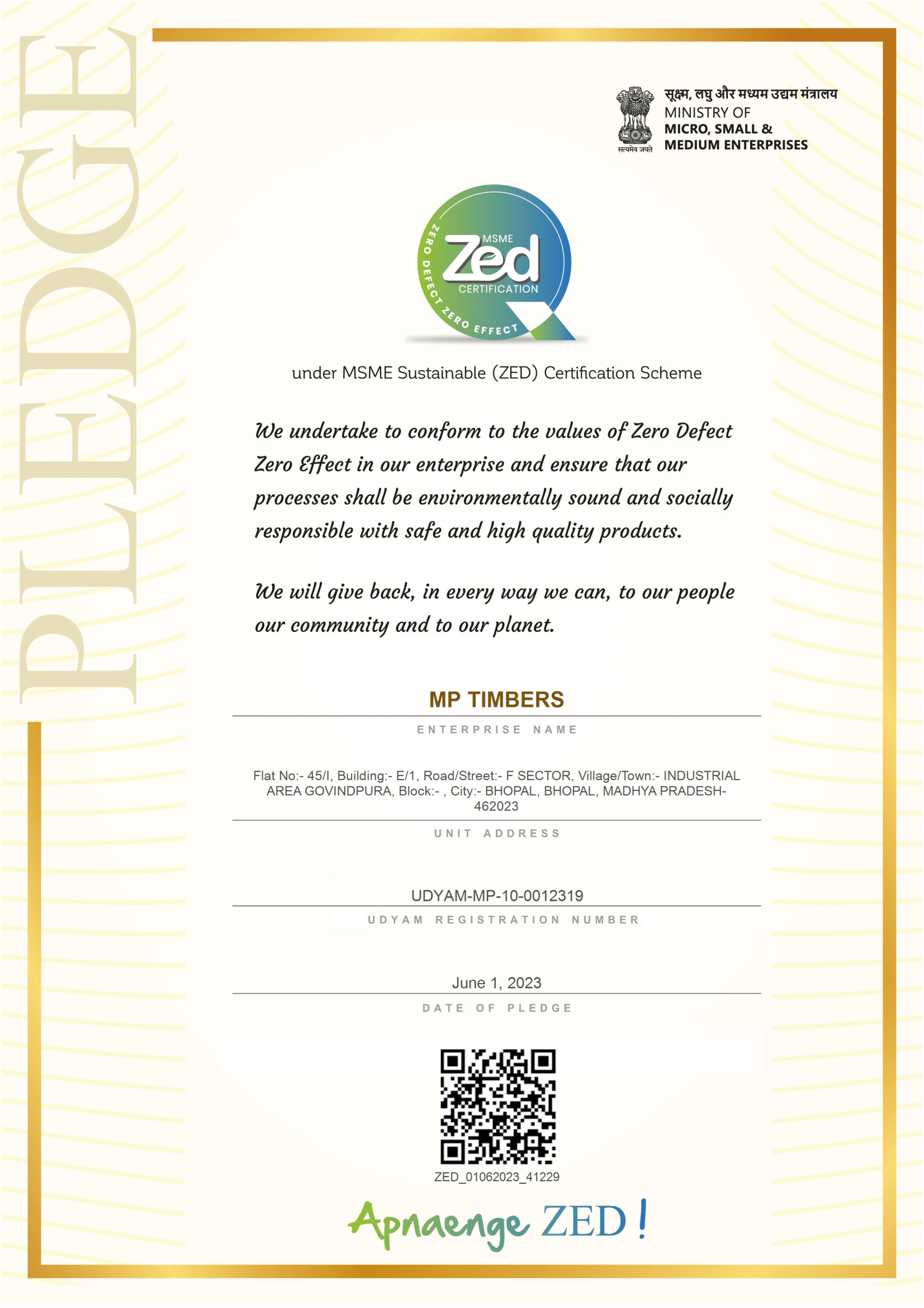 ZED Pledge Certificate